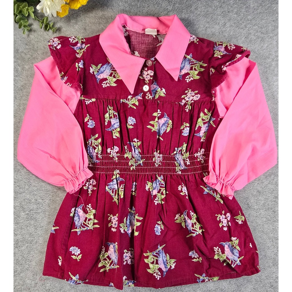 Vintage ILGWU Bird Print Top Blouse Size 7 Burgundy Pink Ruffle Smocked 70s